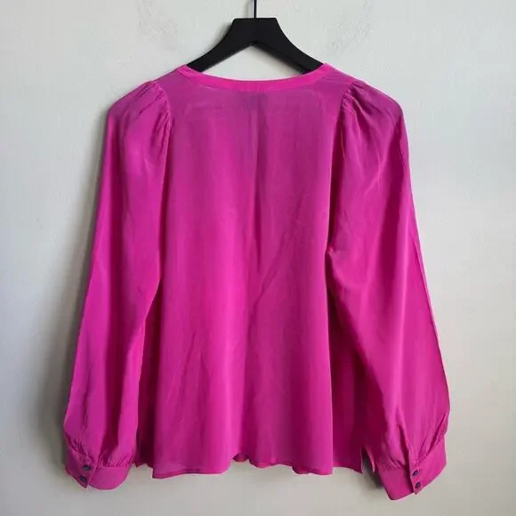 J. Crew Silk Pleated Popover Blouse in Fuchsia Pink Size Medium - Picture 6 of 9